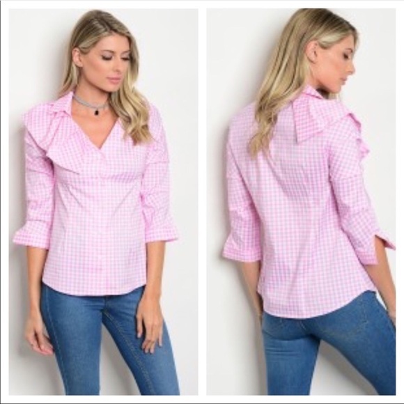 Pink and White Checked Top with Side Collar Ruffle-New‎ - Picture 4 of 7